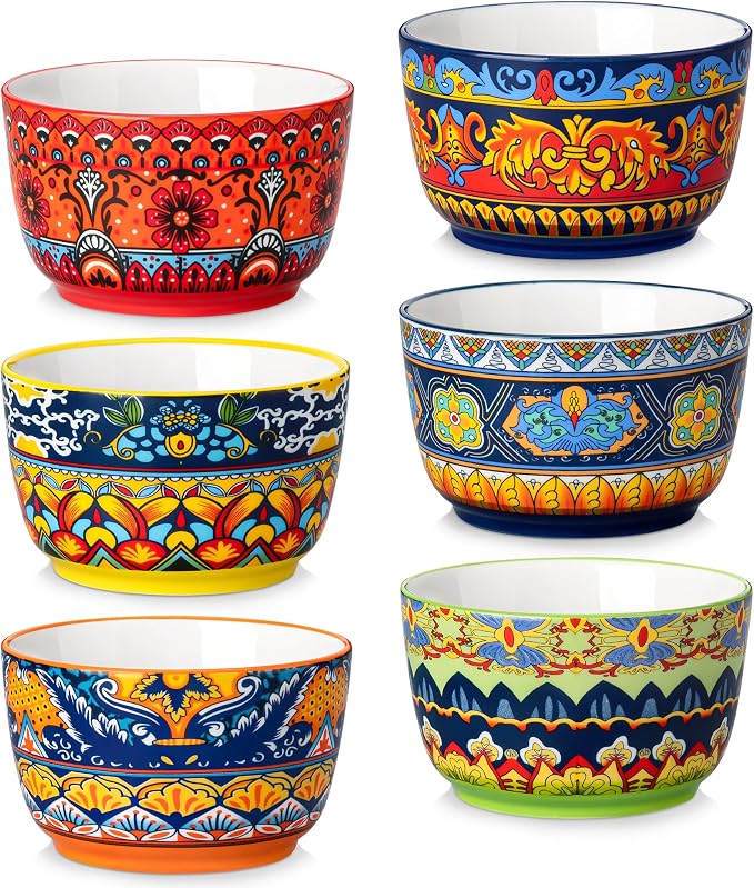 vancasso Ramekins 8 oz Oven Safe, Bohemian Style Creme Brulee Ramekin Set of 6, Porcelain Souffle Dishes Pudding Custard Cups for Baking Ramiken Bowls for Ice Cream