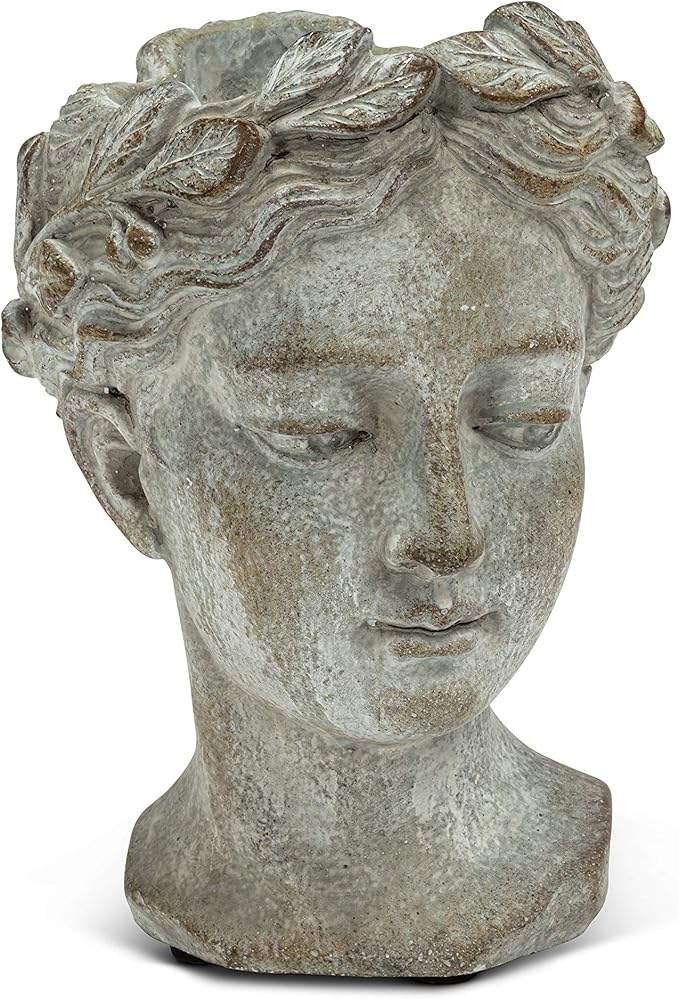 Abbott Collection Goddess Head Planter – Extra Small Cement Indoor and Outdoor Planter Pot – Grecian Woman Statue Head Planter for Flowers and Succulents (Grey, 6.5" Tall, 2.75" Opening)
