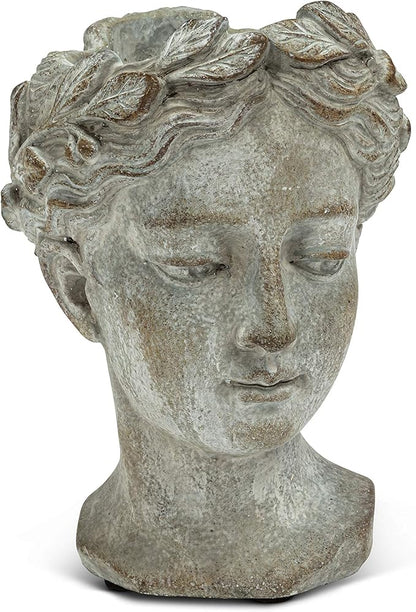 Abbott Collection Goddess Head Planter – Extra Small Cement Indoor and Outdoor Planter Pot – Grecian Woman Statue Head Planter for Flowers and Succulents (Grey, 6.5" Tall, 2.75" Opening)
