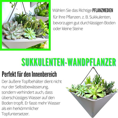 LaLaGreen Wall Planters for Indoor Plants - 4 Pack, 12 Inch Large Self Watering Gray Geometric Hanging Flower Vase Vessel with Metal Hanger, Modern Stylish Wall Mounted Succulent Pot Holder Decor
