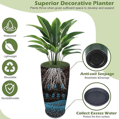 24-21-11 Inch Tall Planters Set of 3, Indoor Outdoor Green Glossy Round Planter with Drainage Hole and Saucer, Large Decorative Plant Pots for Home Garden Porch (Green)