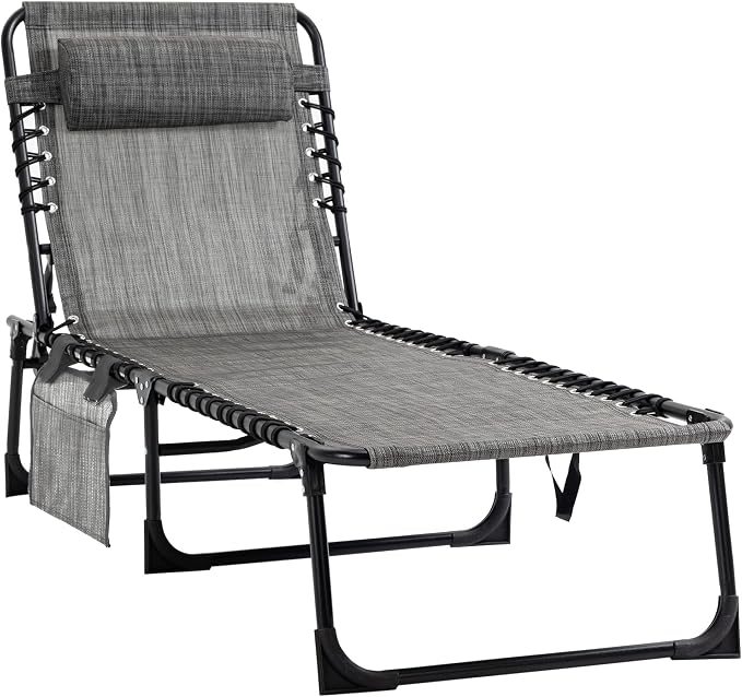 Outdoor Lounge Chair, Tanning Chair with Sunshade Roof, Adjustable Backrest Folding Chaise Lounge with Pillow Headrest for Outside, Beach, Camping, Hiking (No Sunshade Roof, Light Gray)