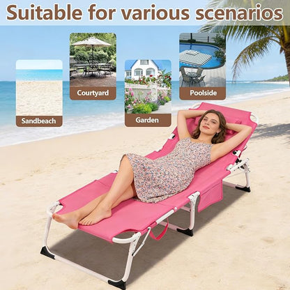 3-in-1 Heavy Duty Tanning Chair with Face Hole Adjustable 5-Position Folding Chaise Lounge Chairs Portable Lay Flat Beach Lounge Chair for Outdoor Sunbathing Patio Pool Lawn Camping Deck (Pink)
