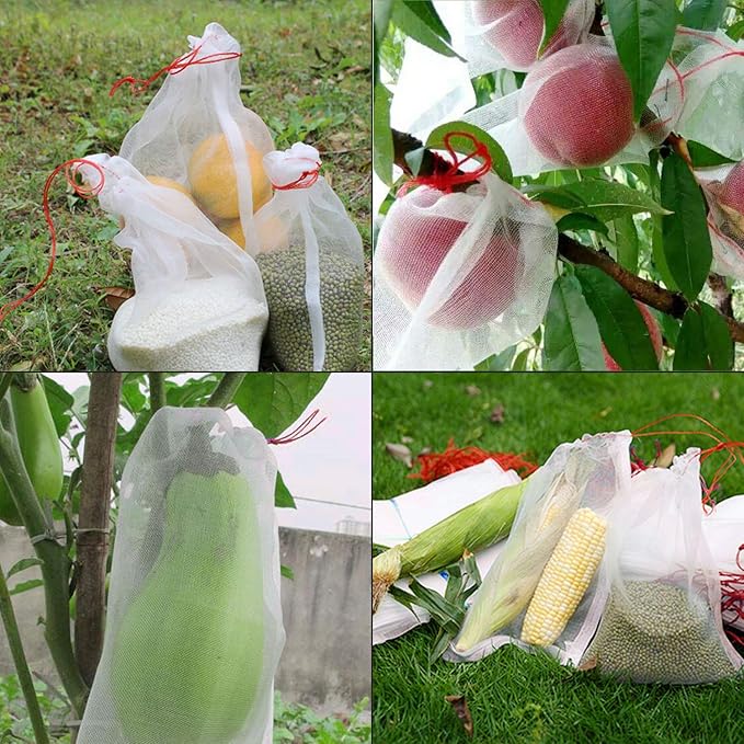 Fruit Bags for Fruit Trees, 100 PCS 6x10 Inch Fruit Protection Bags with Drawstring, Garden Netting Mesh Fruit Cover Bag for Grape, Tomato, Peach, Apple, Flower from Birds Bugs