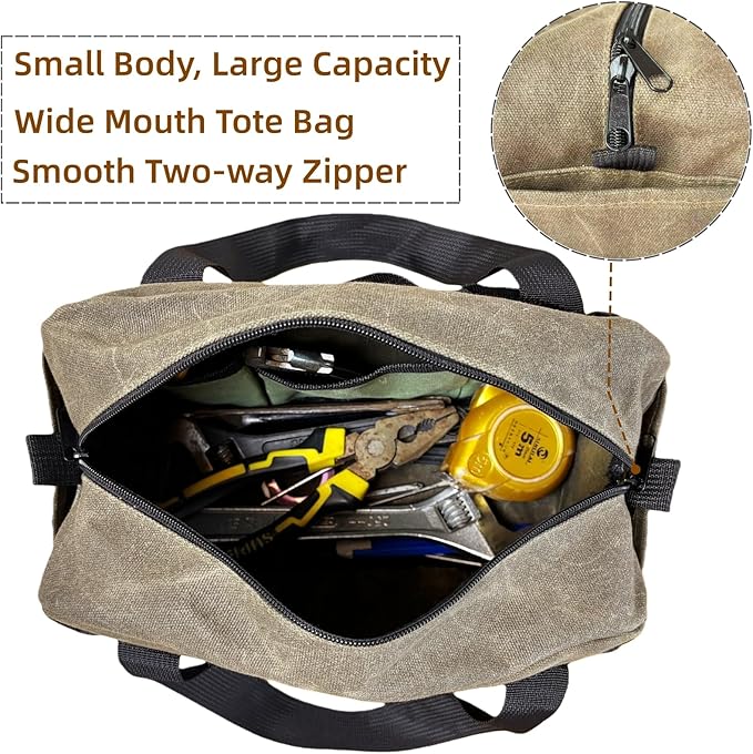 12 Inch Heavy Duty Waxed Canvas Tool Bag Organizer, Wide Mouth Tool Tote Bag, Small Tool Bag for Men Electrician Technician Mechanic Plumbing(Brown/Cyan, 12 Inch)