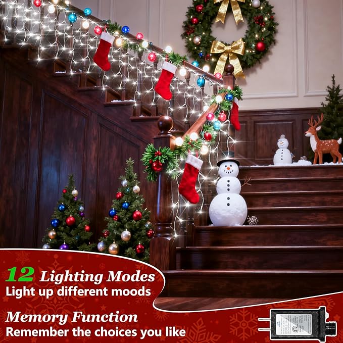 504 LED Fairy lights for Bedroom, 50ft Christmas Window Lights with 112 Drops 12 Modes, Dimmable Curtain Lights, String Lights Indoor Outdoor for Holiday Wedding Party Home Decorations, Cool White