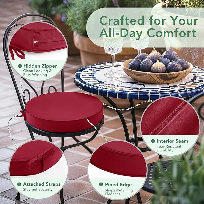 Summsun Outdoor Bistro Chair Cushions Set of 2, 15" D x 3" H Round Chair Cushions Waterproof and Fade Resistant Chair Cushion Pads with Non-Slip Ties and Removable Covers for Garden, Burgundy