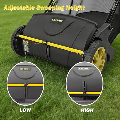 Push Lawn Sweeper, 21-Inch Width, 3.5 Cu. Ft. Hopper Capacity, 4 Spinning Brushes, Adjustable Height, Durable Steel Frame with Rubber Wheels, Yellow
