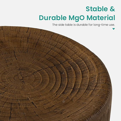 SUNBURY Concrete Side Table Set of 2, Outdoor Side Table Nesting for Patio, Outdoor Accent Table Patio End Table in Woodgrain, Ceramic for Balcony, Courtyard, Round, Light Brown