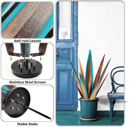 KODIBO Large Tequila Rustic Sculpture, Agave Plants for Outdoor Patio, Home Decor Hand Painted Metal Garden Statue, Lawn Ornaments Yard Stakes (Blue - L)