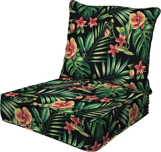 Honeycomb Outdoor Essentials Deep Seat, 24 x 24, Oahu Tropical Black Chair Cushion for Patio Furniture