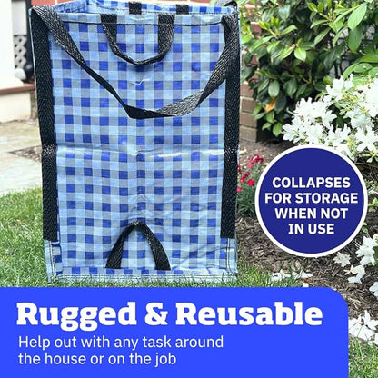DURASACK Heavy Duty Home and Yard Bags 48-Gallon Reusable Self-Standing Lawn and Leaf Bags Garbage Can with Reinforced Handles, Gingham Blue