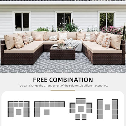 UPHA 9 Pieces Patio Furniture Sets Outdoor Sectional Sofa Wicker Conversation Couch for Decks, Backyards, Gardens, Brown Rattan, Beige Cushion
