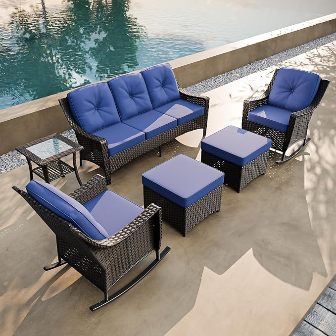 COOS BAY Stone Harbor Wicker Outdoor Furniture Set, All Weather Patio Conversation Sets, Rattan Outdoor Sofa Set, Rocking Chairs, Couch, Ottomans, and Side Table, 6 Pieces, Brown/Blue