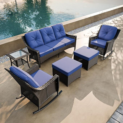 COOS BAY Stone Harbor Wicker Outdoor Furniture Set, All Weather Patio Conversation Sets, Rattan Outdoor Sofa Set, Rocking Chairs, Couch, Ottomans, and Side Table, 6 Pieces, Brown/Blue