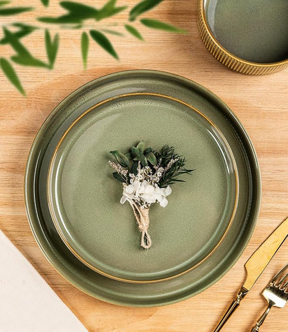 TheTerra Ceramic Dinnerware Sets for 4, 16 Pieces Porcelain Lightweight Plates and Bowls Sets, Scratch Resistant Dish Set, Oven & Microwave & Dishwasher Safe, Sage Umber
