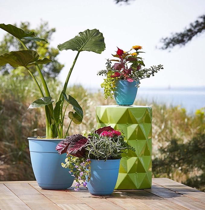 Bloem Dayton 8" Ocean Blue Recyled Plastic Planter Pot with Drainage Holes and Removable Saucer for Indoor and Outdoor Gardening