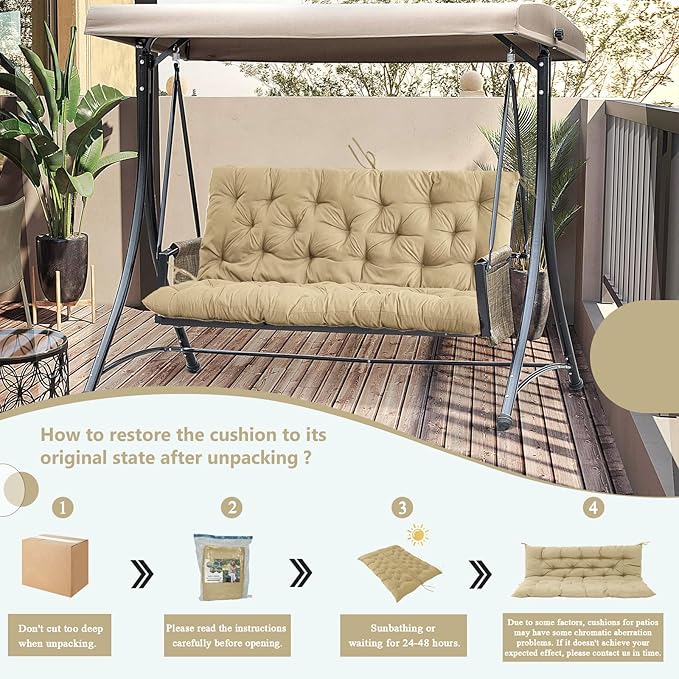 2/3 Seater Swing Replacement Cushion, Waterproof Porch Swing Cushions with Backrest, Thickened Bench Cushions for Outdoor Furniture, for Outdoor Patio Swing (Beige, 71 * 40in)