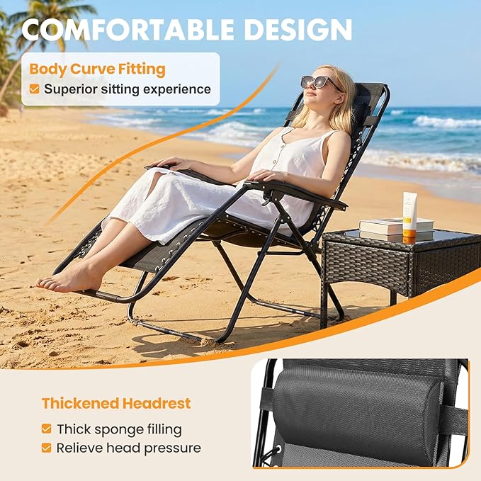 NEWBULIG Zero Gravity Chairs Set of 2, Lounge Chair Folding Portable Adjustable Camping Reclining Chairs with Adjustable Pollow, Mesh Back, Cup Holder Trays Lawn Patio Chair for Pool Beach