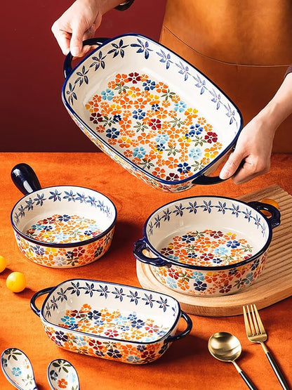 Colorful Cherry Blossom Flowers Vintage Style Ceramic Bakeware Dish Casserole Dish Baking Pan Lasagna Pans with Handles for Oven/Cooking/Kitchen, 1 PCS, 60 oz