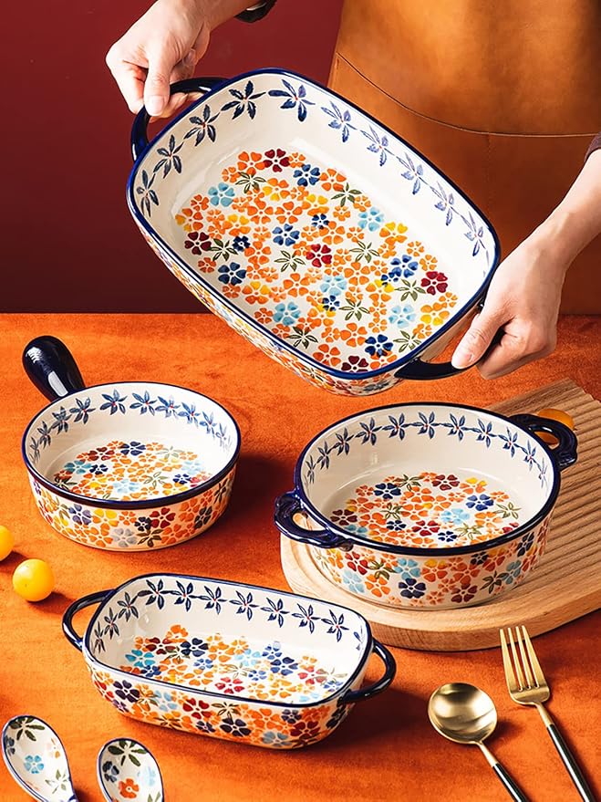 Colorful Cherry Blossom Flowers Vintage Style Ceramic Bakeware Dish Casserole Dish Baking Pan Lasagna Pans with Handles for Oven/Cooking/Kitchen, 1 PCS, 22 oz