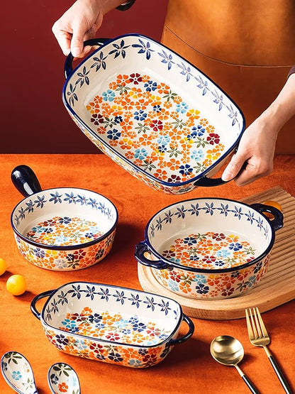 Colorful Cherry Blossom Flowers Vintage Style Ceramic Bakeware Dish Casserole Dish Baking Pan Lasagna Pans with Handles for Oven/Cooking/Kitchen, 1 PCS, 20 oz