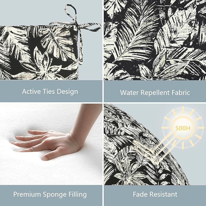 LVTXIII Outdoor Chair Cushions 18.5"x16"x2" Pack of 2, Water-Repellent Square Corner Memory Foam Seat Cushions with Ties for Garden Patio Furniture, Tropical Leaf Black