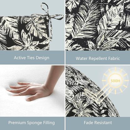 LVTXIII Outdoor Chair Cushions 18.5"x16"x2" Pack of 4, Water-Repellent Square Corner Memory Foam Seat Cushions with Ties for Garden Patio Furniture, Tropical Leaf Black