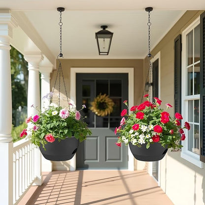 2 Pack 12 Inch Large Hanging Planters with Chains Self Watering Black Plastic Hanging Pots for Indoor Outdoor Plants, Garden Porch Home Decor，Black