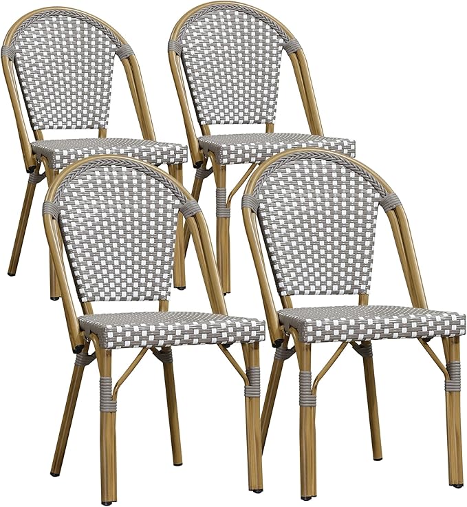 PURPLE LEAF Outdoor Dining Chair Set of 4 Aluminum Rattan Chairs for Outdoor Garden Backyard Bamboo Print Finish Patio Chairs Grey French Bistro Chairs