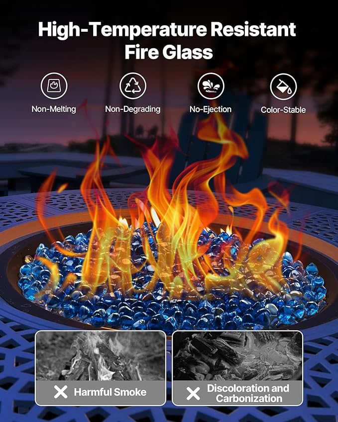 VEVOR Fire Glass, 10LBS / 4.5KG High-Temperature Resistant Fireplace Rocks, 1 Inch / 25.4 mm Reflective Firepit Glass Diamond Beads, High Luster Stone Landscaping for Fire Pit Table, Caribbean Blue