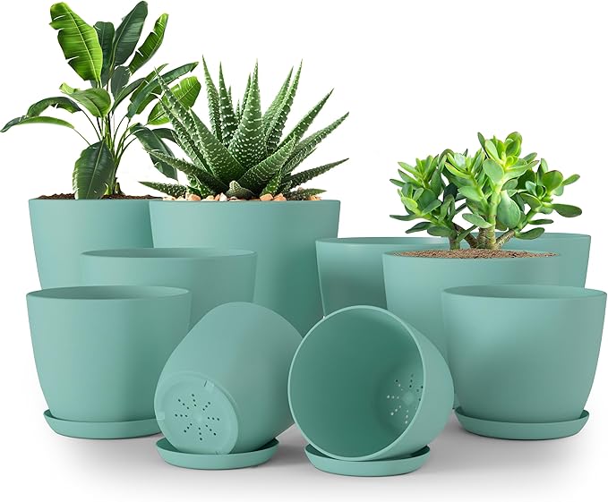 Utopia Home - Plant Pots Indoor with Drainage - 7/6.6/6/5.3/4.8 Inches Home Decor Flower Pots - Plastic Planters for Indoor Plants, Cactus, Succulents Pot (Aqua, Pack of 10)