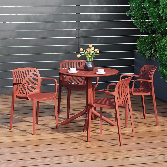 Costaelm 4 Person Dining Table Set, HDPE Patio Round Dining Table and Stackable Chair, Kitchen & Dining Room Sets All Weather for Backyard Porch Poolside, Red