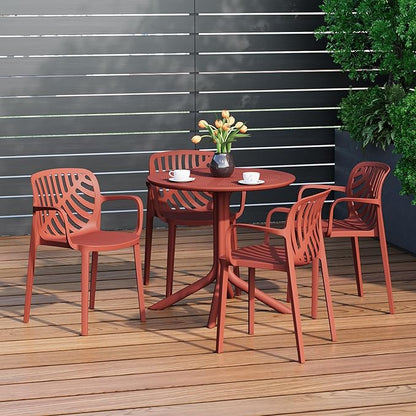 Costaelm 4 Person Dining Table Set, HDPE Patio Round Dining Table and Stackable Chair, Kitchen & Dining Room Sets All Weather for Backyard Porch Poolside, Red