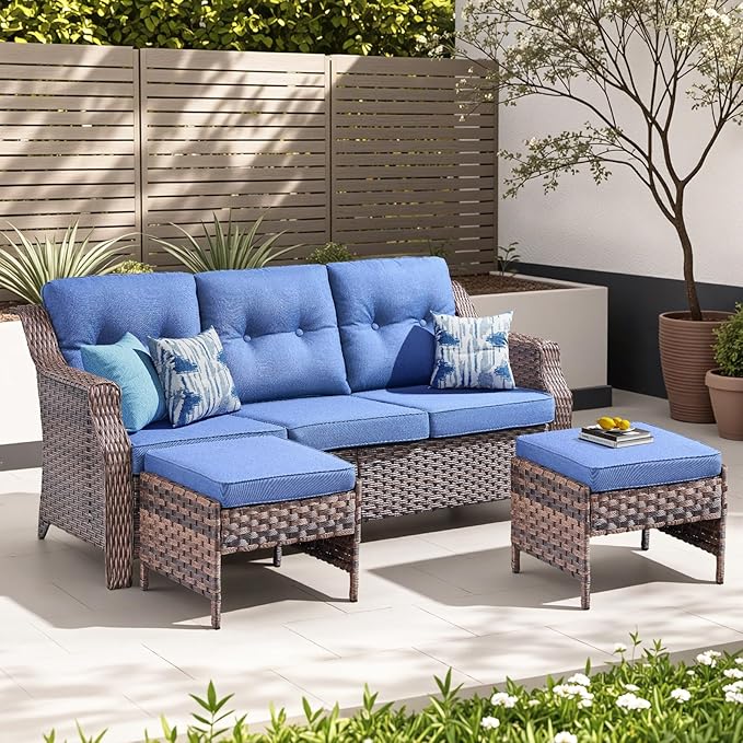 3 Pieces Patio Furniture Sofa Set-Outdoor Wicker Patio Furniture Covered Couch with Multifunctional Ottoman and All-Weather Patio Conversation Set for Backyard Porch Garden Brown/Blue