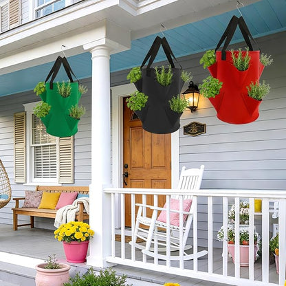 Augshy 3 Pack Upside Down Strawberry Planter Bags, 3 Gallon Hanging Grow Bags 6 Pockets with 3 Hooks Tomato Planter Topsy Turvy Planter for Strawberry Tomato Herb Vegetables House Garden