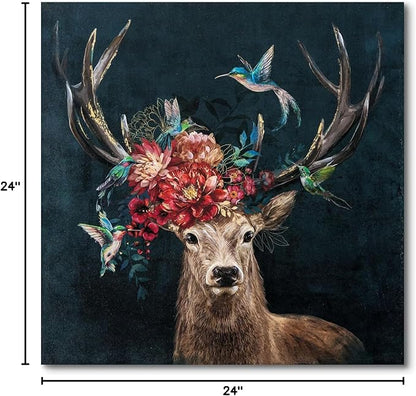 JolyWell Deer Canvas Wall Art With Flowers, Animal Prints for Living Room Bedroom Office, Wildlife Hunting Artwork Decorations, 24x24 Ready to Hang