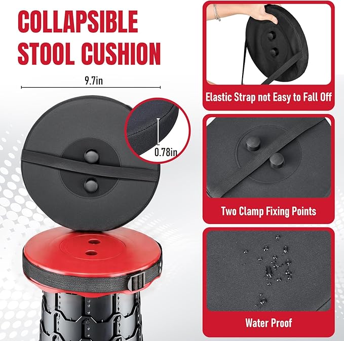 2026 Upgraded Collapsible Stool with Cushion, Portable Folding Stool for Adults Heavy Duty, Camping Stools for Outdoor Camping Travel Hiking Fishing, Adujstable Folding Chair Footrest,Red
