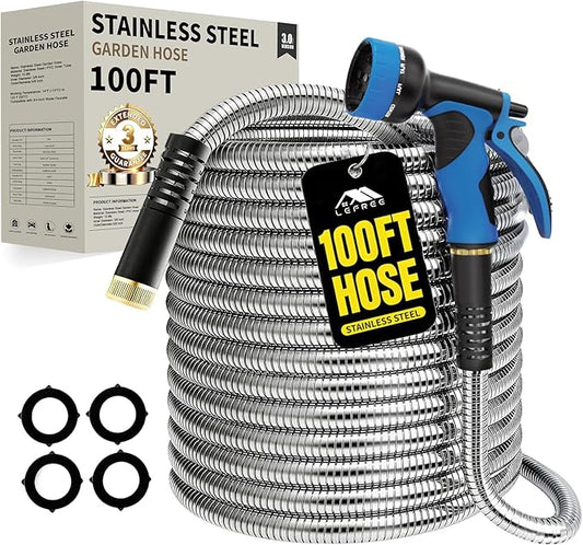 Lefree 100ft Metal Garden Hose - Heavy Duty 304 Stainless Steel Flexible Water Hose, No Kinks & Leak-Proof with Upgraded Handle, 10-Function Spray Nozzle & 4 Spare Gaskets for Yard, RV, Pet Bath