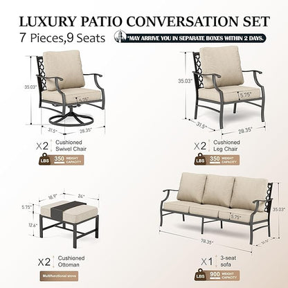 HERA'S HOUSE 7 Piece Patio Furniture Set, 2 x Swivel Chair, 2 x Fixed Chair, 2 x Ottoman, 1 x 3-Seat Sofa, All Cushioned Outdoor Conversation Set for Lawn Garden Backyard