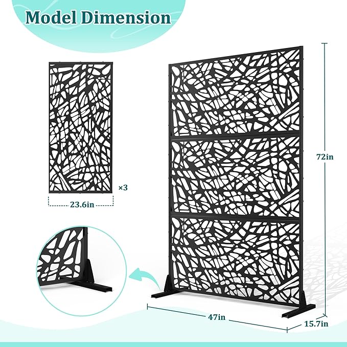 Metal Privacy Screen Outdoor Privacy Screen, Freestanding Fence Panel for Outside, 72''H×47''W, Decorative Screen Panel for Backyard/Patio/Deck