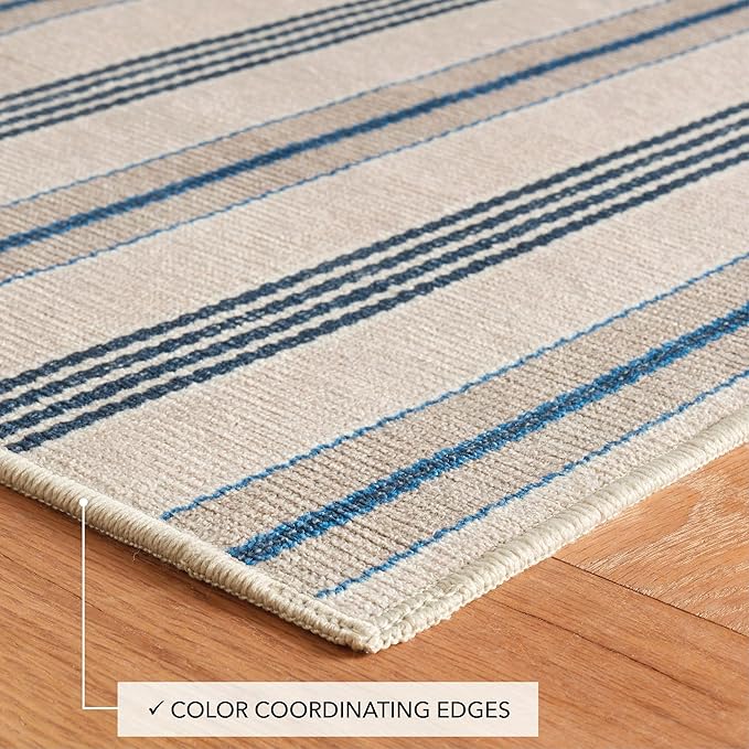 Dash and Albert Nimes Ticking Machine Washable Area Rug - 4' x 6' Neutral Stripe Washable Accent Rug - Durable, High Traffic Areas Kitchen, Mudroom, Hallways