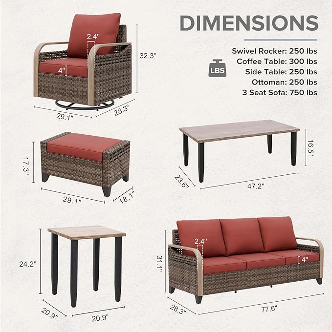 COOS BAY Modern Wicker Outdoor Furniture Set, Patio Conversation Set with 4 Swivel Rockers, 3 Seat Couch, Ottomans, Coffee Table and Side Table, 9 Piece, Brown/Red