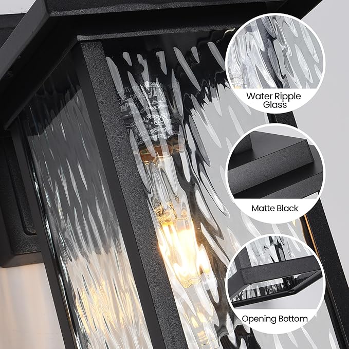 Outdoor Wall Sconce, Outside Porch Light Fixtures, Wall Mount Anti-Rust Exterior Wall Lights in Wood Grain Finish & Black Finish with Water Ripple Glass for Garage Doorway Entryway