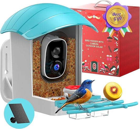 Bird Feeder with Camera Solar Powered: Smart Bird Feeders for Outdoors Garden with AI Identify Auto Capture 2K HD Bird House with Camera Outside WiFi Live View Birdfeeder Cam Gift for Birds Lover