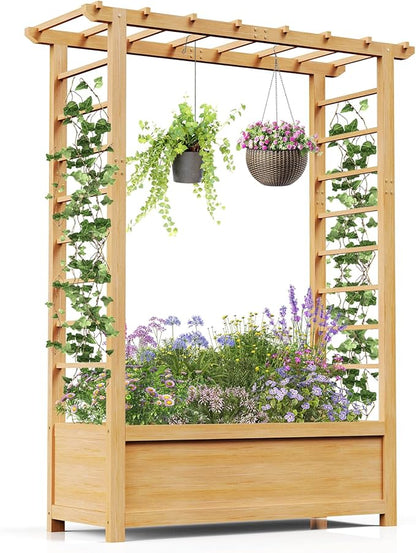 DoCred Raised Garden Bed with Trellis, Freestanding Wood Planter Box with Hanging Roof, Side Trellis Above Ground Elevated Garden Bed Outdoor Planter with Trellis for Climbing Plants Vines Patio