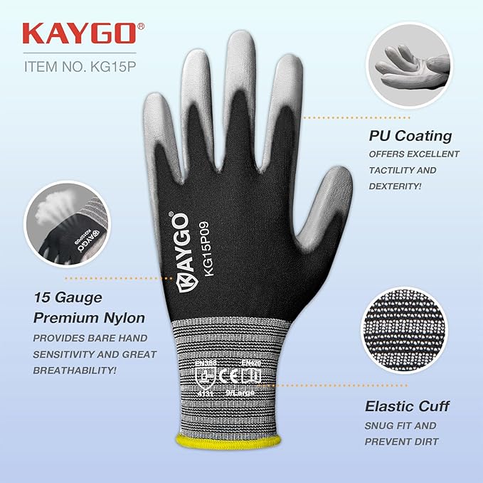 KAYGO Work Gloves PU Coated-60 Pairs, KG15P,Nylon Lite Polyurethane Safety Work Gloves, Gray Polyurethane Coated, Knit Wrist Cuff,Ideal for Light Duty Work(L (60Pairs), Black)