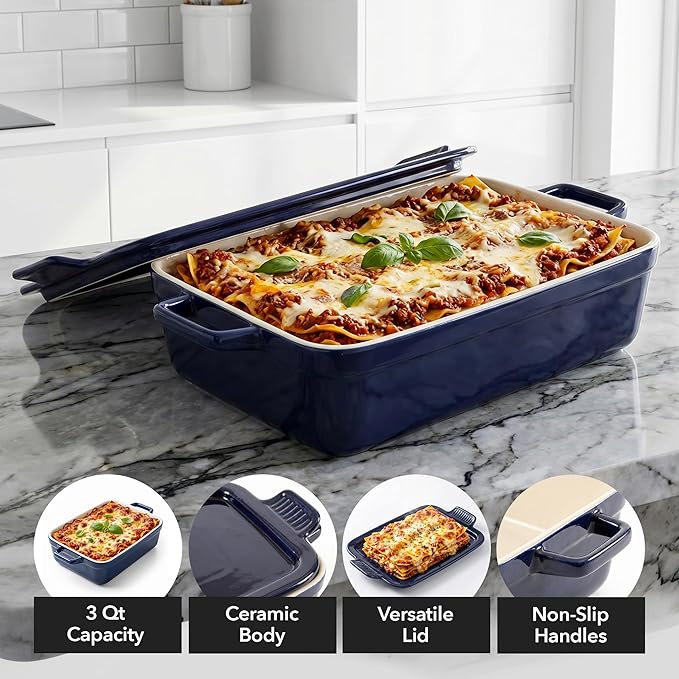 OVENTE Ceramic Baking Dish with Lid, 3 Quart Rectangular Stoneware Casserole Dish for Baking and Serving, Lasagna Pan Deep with Handles, Oven & Dishwasher Safe Bakeware, Ideal Home Gift, Blue BP13BL