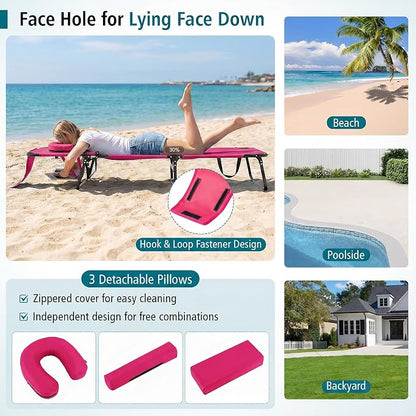 GYMAX Tanning Chair, 330lbs Beach Lounge Chair with Face Hole, Detachable Washable Pillow & Carry Strap, Adjustable Folding Chaise Lounge, Layout Chair for Outside, Patio, Poolside, Lawn (2, Pink)