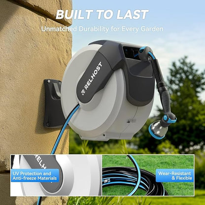 Relhost Retractable Garden Hose Reel, 5/8 in x 65 ft Wall Mount Heavy Duty Hose Reel with Any-Length Lock, Auto Rewind System, 180° Swivel Bracket, and 10-Pattern Nozzle for Garden, White & Grey
